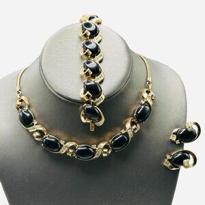 Vintage Trifari Parure Black Lucite Cabochon & Baguette Rhinestones